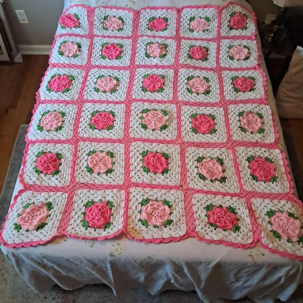 Crochet Granny Square 3D Pink Rose Afghan Throw Girlie Cottage Core